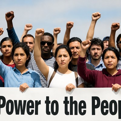 Diverse crowd protesting with Power to the People sign