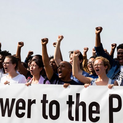 Diverse crowd raising fists with Power to the People banner