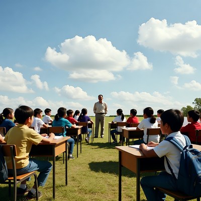 Teacher instructing Asian students outdoors