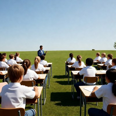 Teacher addressing students outdoors