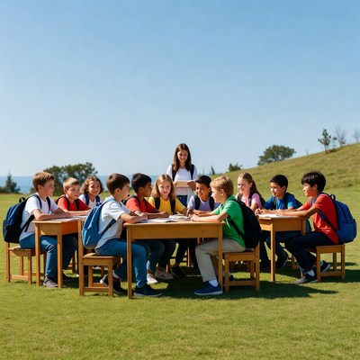 Teacher with students at outdoor classroom table