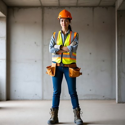 Asian woman construction worker arms crossed