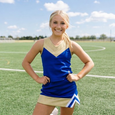 Blonde cheerleader posing on soccer field
