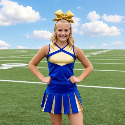 Teen cheerleader in gold bow on football field