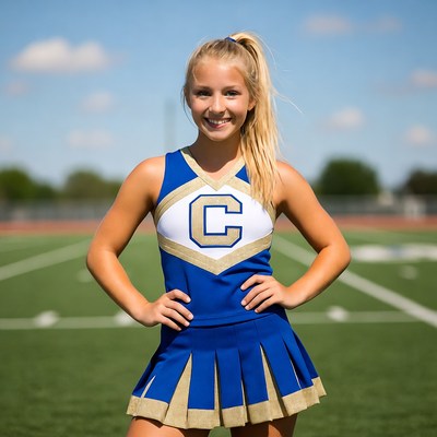 Blonde cheerleader posing on football field