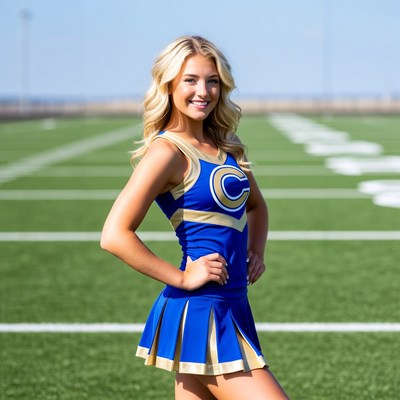 Blonde cheerleader posing on football field