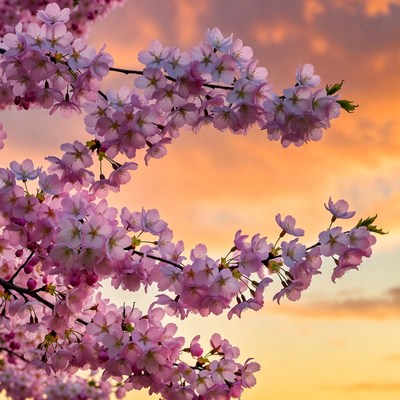 Pink Cherry Blossoms at Sunset