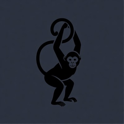 Black silhouette monkey holding tail