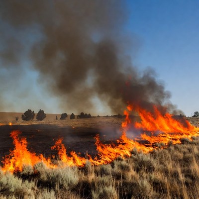 Grassland wildfire burning dry landscape