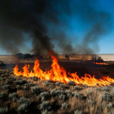 Grassland wildfire with thick smoke