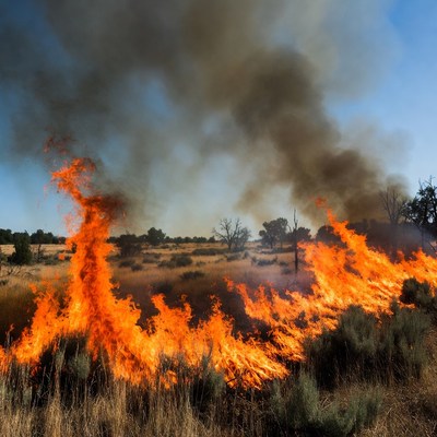 Grassland wildfire burning dry landscape