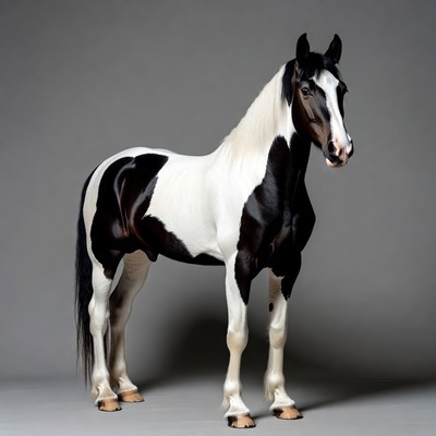 Piebald horse standing on gray background