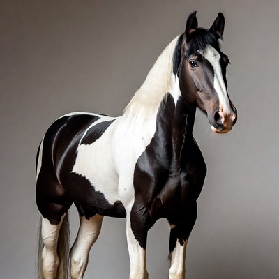 Piebald horse standing on gray background