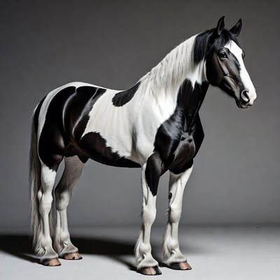 Piebald horse standing on gray background
