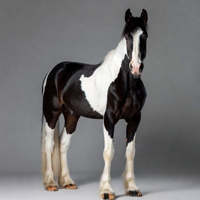 Piebald horse standing on gray background