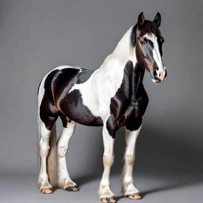 Piebald horse standing on gray background