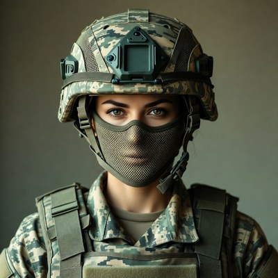 Woman in Camouflage Helmet and Mask