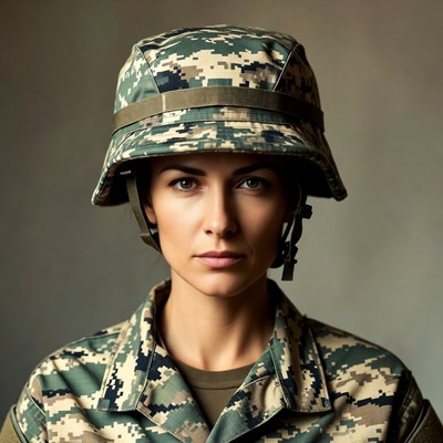 Woman in camouflage military helmet