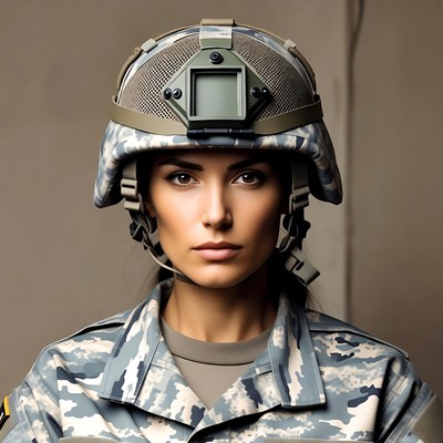 Woman in camouflage helmet