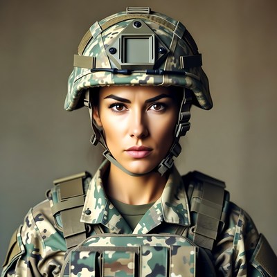 Woman in camouflage helmet and uniform