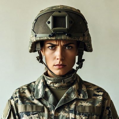 Woman in military helmet and camouflage