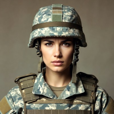 Woman in Camouflage Military Helmet