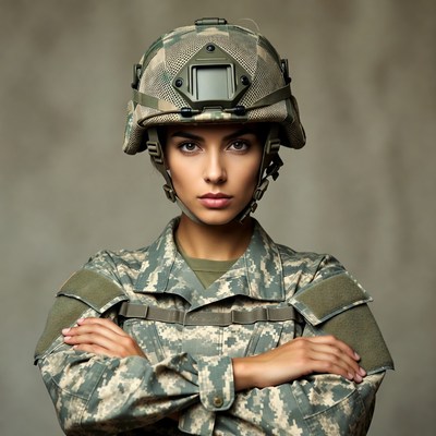 Female soldier in camouflage uniform