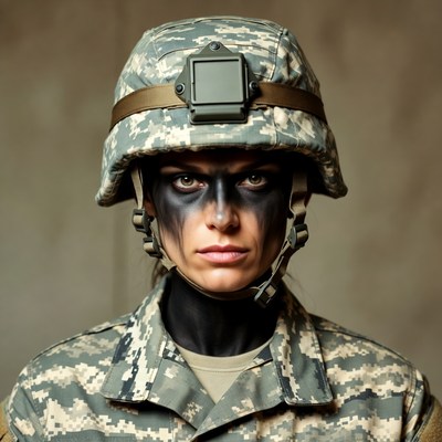 Woman soldier with camouflage face paint