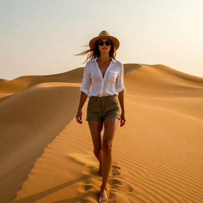 Woman walking barefoot in desert dunes