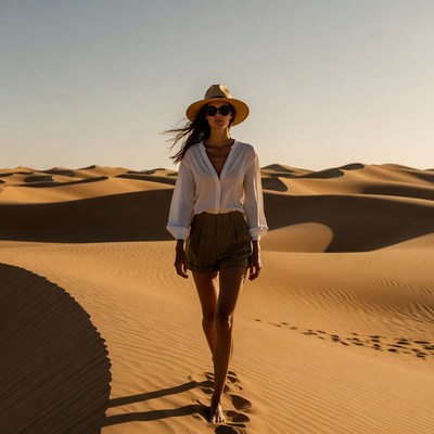Woman walking in desert wearing hat