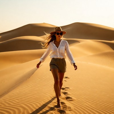 Woman walking barefoot in desert dunes