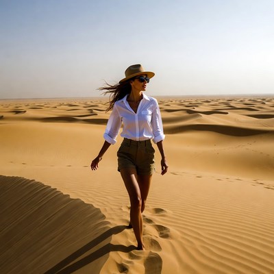 Woman walking in desert wearing hat