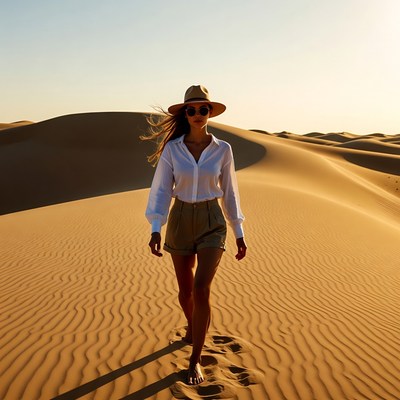 Woman walking barefoot in desert dunes