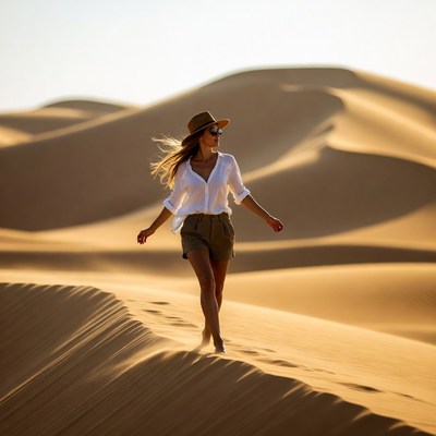 Woman walking barefoot in desert dunes