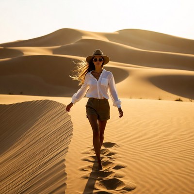 Woman walking barefoot in desert dunes