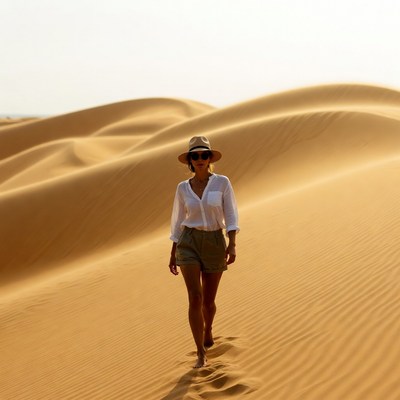 Woman walking barefoot in desert dunes