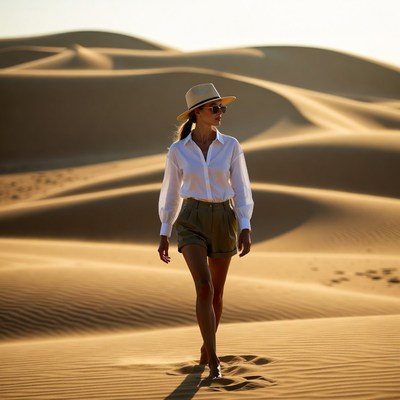 Woman walking barefoot in desert dunes