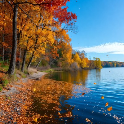 Autumn Trees by Lakeshore