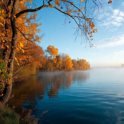 Autumn Trees by Misty River