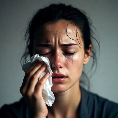 Woman crying holding tissue
