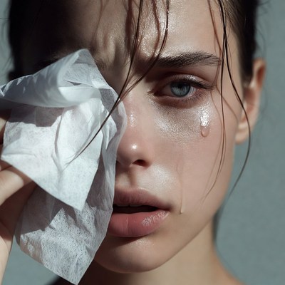 Woman crying holding tissue