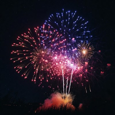 Colorful Fireworks Exploding Over Grass