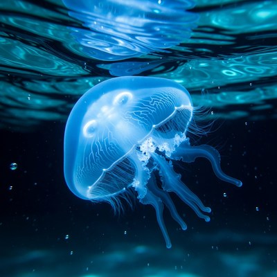 Glowing Blue Jellyfish Underwater