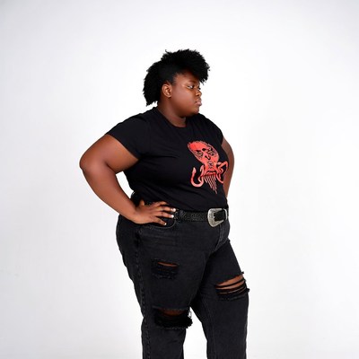 African-American woman in red skull t-shirt