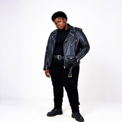 African-American woman in studded leather jacket