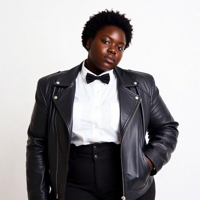 African-American woman in leather jacket bowtie