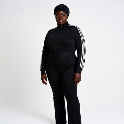 African-American woman in black Adidas tracksuit