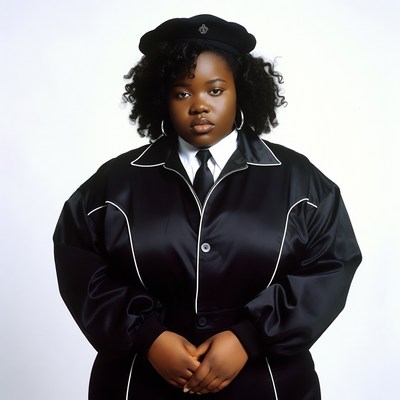 African-American woman in black suit and beret