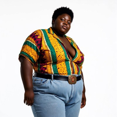 Plus-size African-American woman in colorful shirt