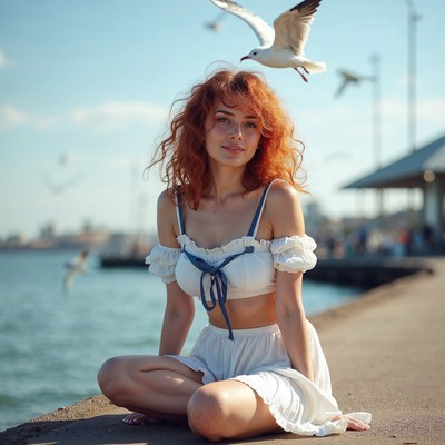 Redhead woman sitting on pier with seagulls